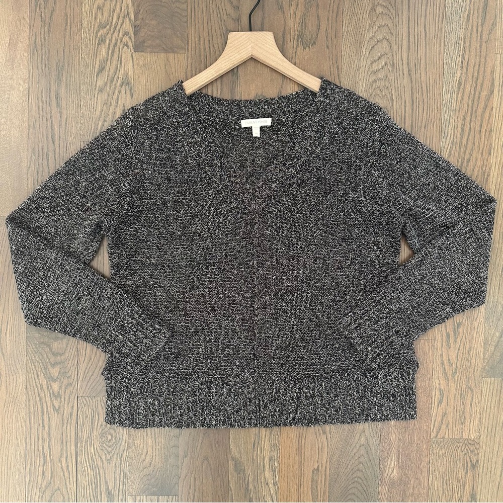 Eileen Fisher Melange Open Knit V-Neck 100% Linen Sweater in Black, Tan XS